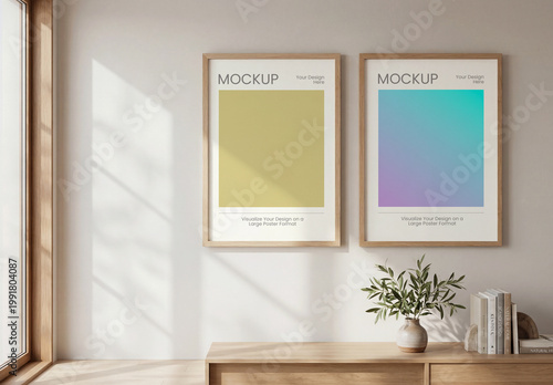 Two Vertical Wooden Poster Frame Mockups on Wall