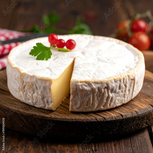 A wheel of creamy, soft-ripened cheese with a wedge cut out, decorated with berries and parsley on a wooden board
