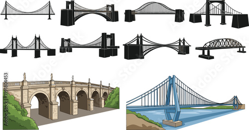 Bridge collection featuring silhouette and colored designs including suspension, arch and truss bridges isolated on light background for architecture themes