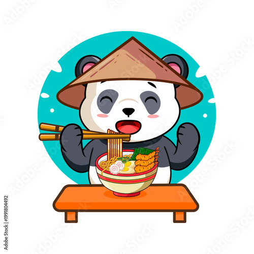 Cute Panda Eat Ramen Logo Design Vector Illustration Kawaii Animal