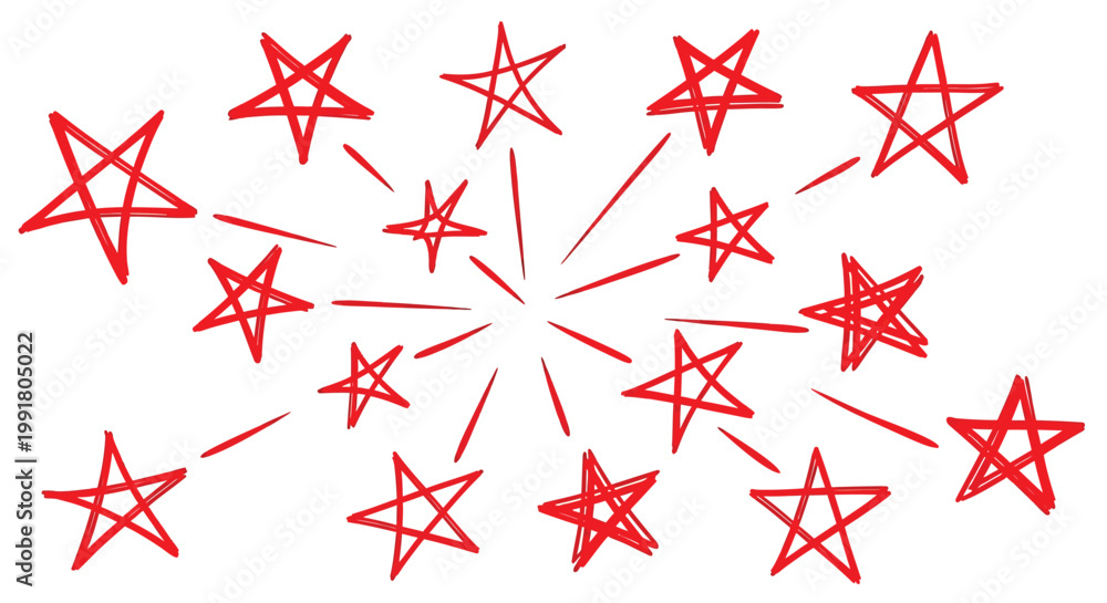 Obraz premium Red starburst, exploding stars, hand-drawn vector graphics, festive icons