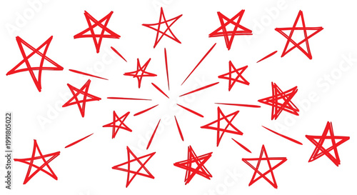 Red starburst, exploding stars, hand-drawn vector graphics, festive icons