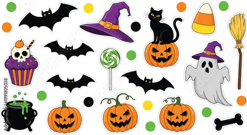 Vector Set of Halloween Icons Including Pumpkins, Bats, Ghosts, Witch Hats, and Candy for Spooky, Fun, and Holiday Designs