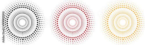 Collection of circular halftone dotted patterns in black, red, and orange colors with radial gradient effect.