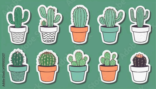 Set of cartoon cactus vector in pot, sticker with outline element.



