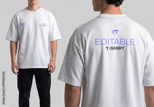 Oversized White T-Shirt Mockup on Men Model, Front and Back View