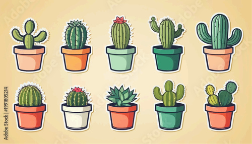 Set of cartoon cactus vector in pot, sticker with outline element.



