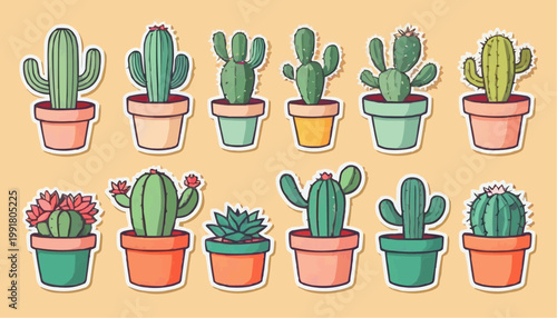 Set of cartoon cactus vector in pot, sticker with outline element.



