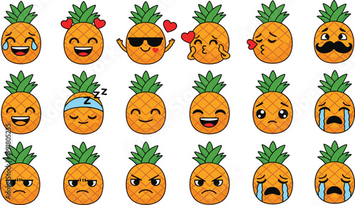 Vector Set of Fun Pineapple Emojis with Various Facial Expressions for Food, Fun, and Character Designs