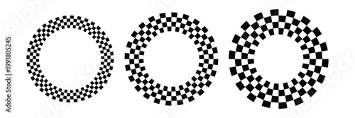 Set of circular checkered racing flag frames with black and white squares, round sports border elements.