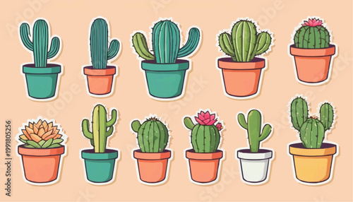 Set of cartoon cactus vector in pot, sticker with outline element.



