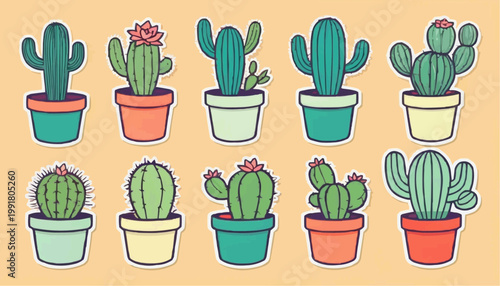 Set of cartoon cactus vector in pot, sticker with outline element.



