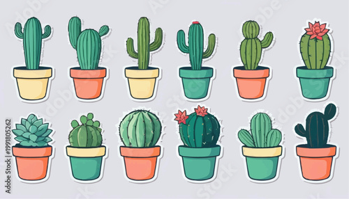 Set of cartoon cactus vector in pot, sticker with outline element.



