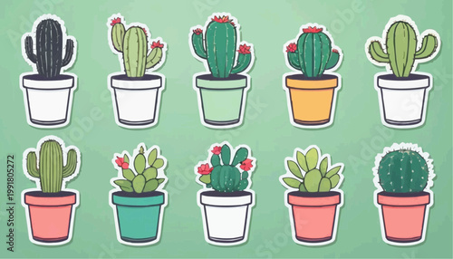 Set of cartoon cactus vector in pot, sticker with outline element.



