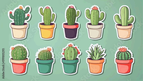 Set of cartoon cactus vector in pot, sticker with outline element.



