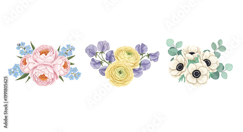 Floral borders, watercolor flowers, pink yellow white blooms, green leaves, decorative elements