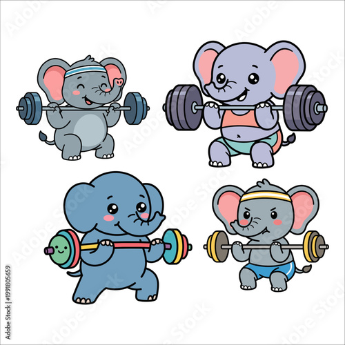 Cute Elephant Weightlifting Illustration Set: Funny Animal Gym Mascot Lifting Barbell Vectors