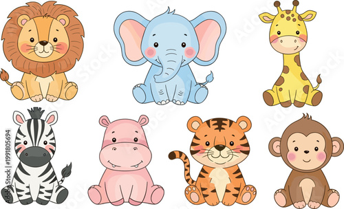 Cute Baby Jungle Animals Set with Lion, Elephant, Giraffe, Zebra, Hippo, Tiger, and Monkey Cartoon Characters for Kids Design, Nursery Decor, and Illustration