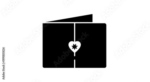 Black Wallet with Heart Symbol and Stitching Detail.