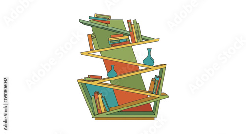 Abstract Modern Bookshelf with Colorful Books and Vases
