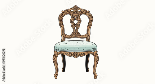 Antique Rococo armchair with carved wood frame and light blue upholstered seat