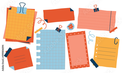 Playful hand drawn stationery collection with papers, sticky notes, stickers, to-do lists with copy space. Retro doodle vector collection