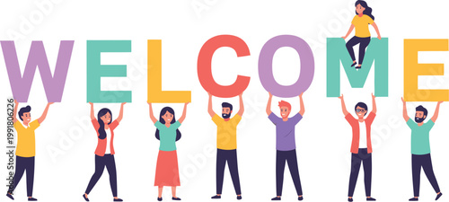 People cheerfully holding up letters that spell the word welcome
