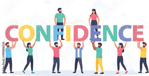 People collaboratively lifting colorful letters spelling out the word confidence