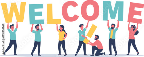 Diverse group of people holding up letters spelling the word welcome