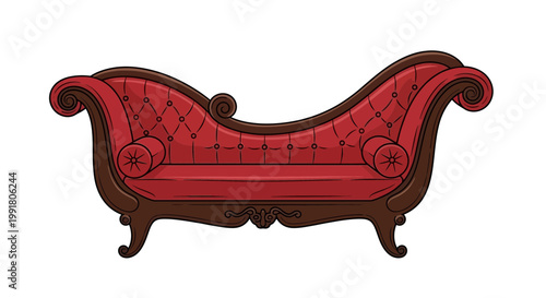 Elegant Red Chaise Lounge with Ornate Wood Frame