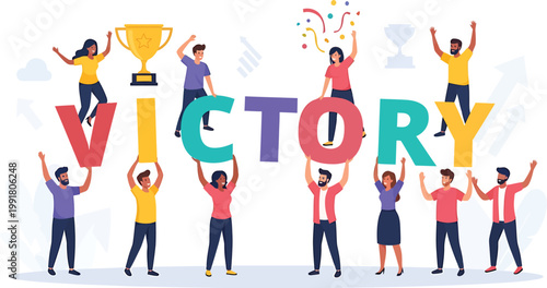 Team celebrates a victory holding large colorful letters spelling victory