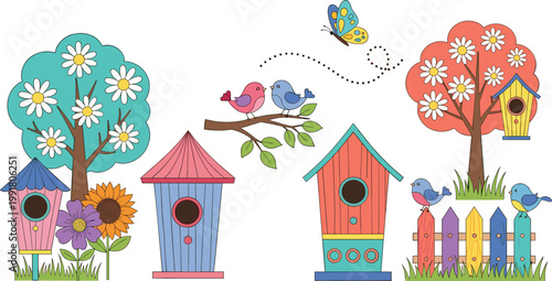 Vector Set of Colorful Birdhouses, Birds, Trees, and Flowers for Nature, Spring, and Garden Designs