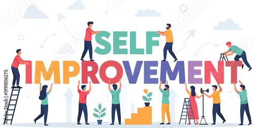 People collaboratively building the words self improvement with colorful blocks