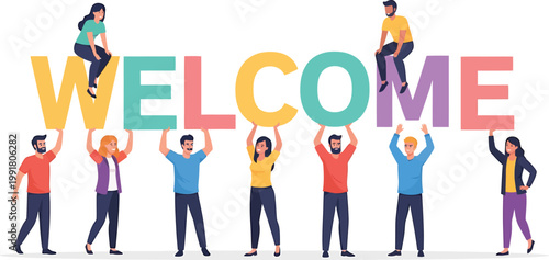 People interacting with large colorful welcome letter blocks