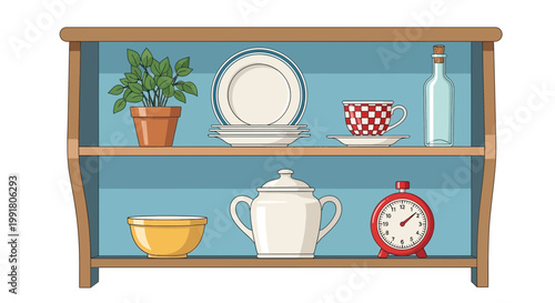 Kitchen shelf with dishes, plant, clock, and bottle.