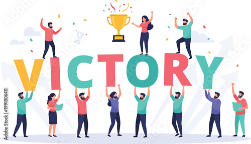 Celebrating victory diverse team raises letters and a golden trophy