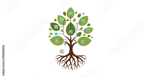Family Tree with Digital Connections and Icons.