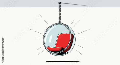 Retro bubble chair hanging from ceiling, modern design, bright red interior
