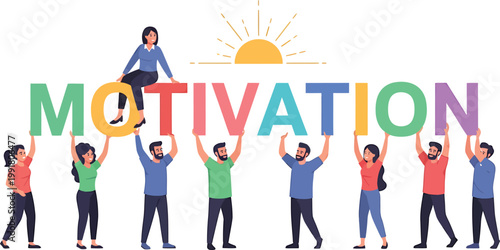 Diverse group of people lifting the word motivation together
