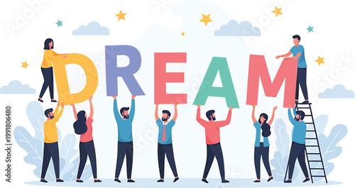 People collaboratively building the word dream with large colorful letters
