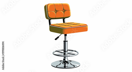 Retro orange bar stool with chrome base and footrest, isolated on white background