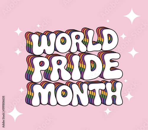 World Pride Month retro typography with rainbow shadow layers and soft pink background