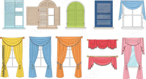 Vector Set of Decorative Windows and Curtains in Various Styles for Home, Interior, and Design Projects