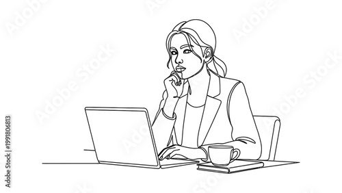 Continuous line drawing of a businesswoman working on a laptop.