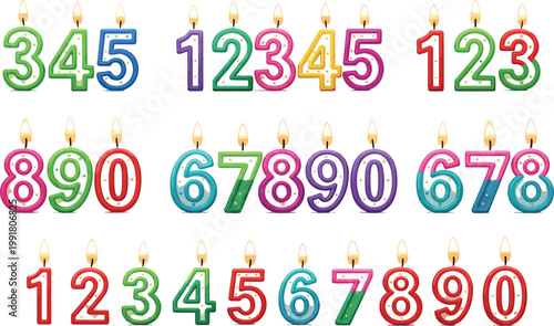 Vector Set of Colorful Number Candles for Birthdays, Anniversaries, and Celebration Designs