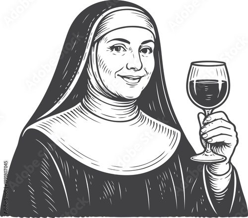 Vintage nun holding wine glass illustration, retro religious character line art, monastery lifestyle engraving style, catholic woman portrait