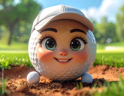 A whimsical, cartoon-style golf ball character with a white cap, rosy cheeks, and big, expressive eyes, set on a green golf course