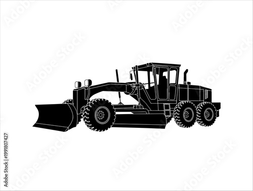 Black silhouette of motor grader construction machine, highlighting blade and tires for roadwork themes.
