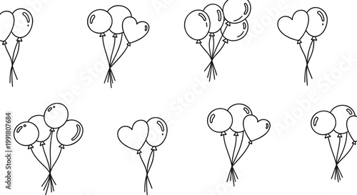 Heart Balloons, Valentine's Day Icons, Line Art Balloons, Bouquet Illustrations