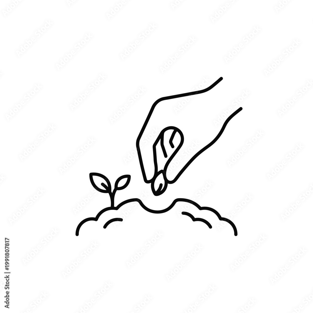 Obraz premium Simple seed planting outline icon, clean hand sowing sprout vector on white.